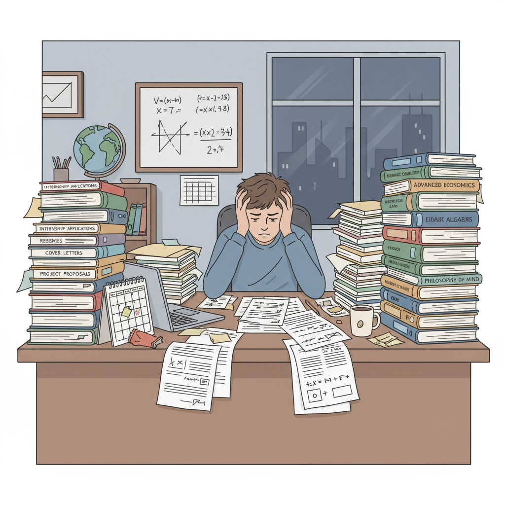 A student is sitting at a desk, surrounded by books and papers. There are internship-related documents on one side and school textbooks on the other. The student has a stressed expression on their face. A stressed K12 student trying to manage internship and study tasks