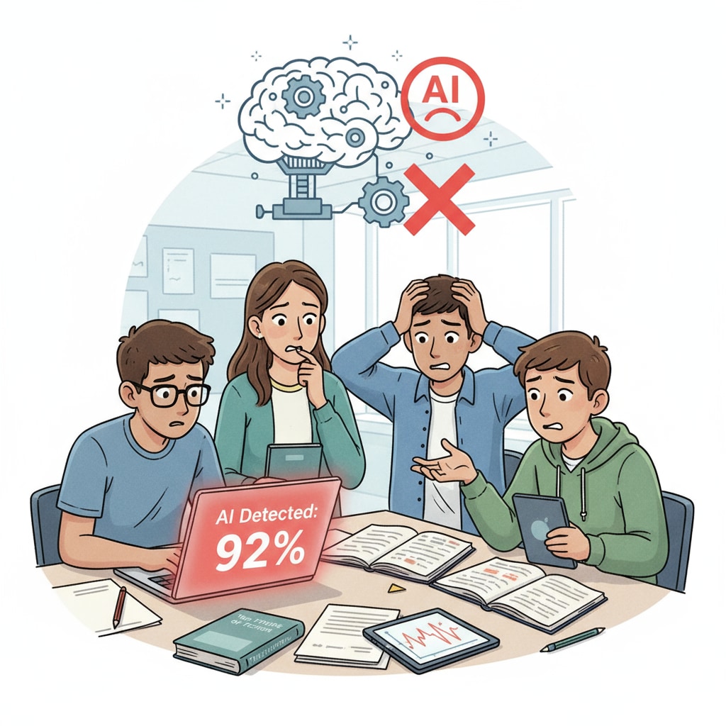 A group of high school students in a creative writing class, with worried expressions on their faces because of the pressure from AI detection. High school students in creative writing class affected by AI detection and teacher suspicion