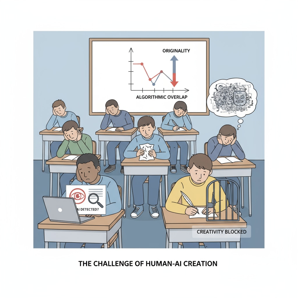 Students sitting at their desks, looking discouraged while trying to write creative essays, fearing they might be flagged by AI detection. Students discouraged in creative writing due to AI detection and concerns about student creativity
