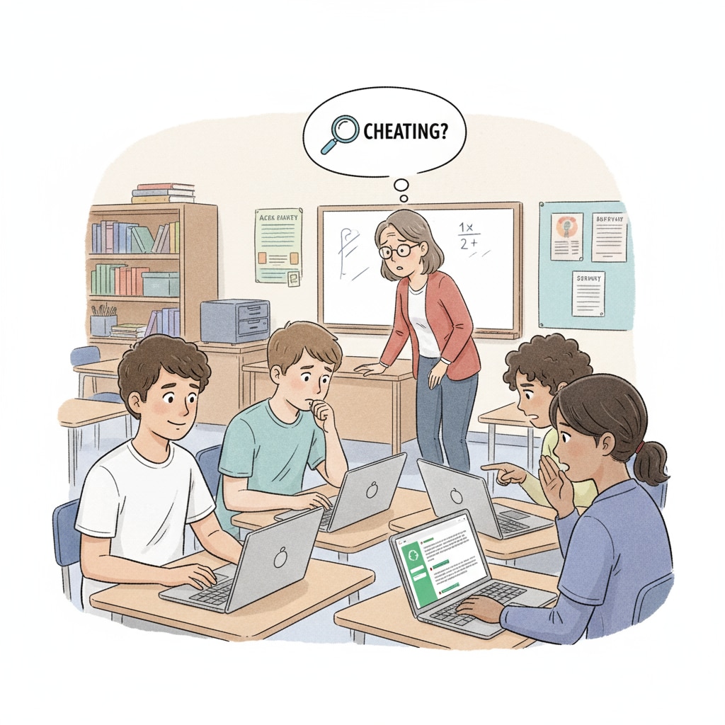 A group of students in a classroom setting, some are looking at their laptops where the ChatGPT interface is visible, and a teacher is standing nearby with a worried expression, indicating the concern over potential cheating. Students using ChatGPT in the classroom, raising concerns about cheating.