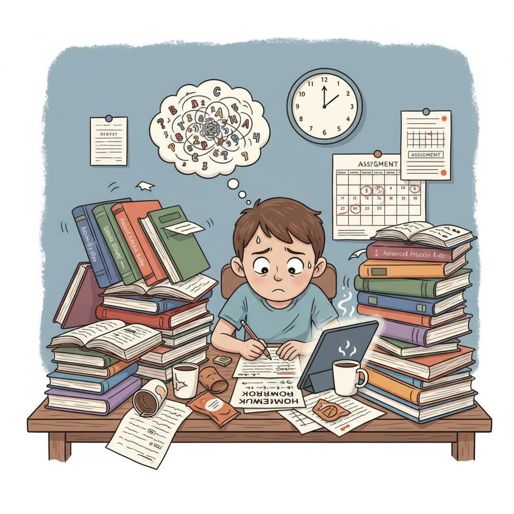 A young child is sitting at a study table, surrounded by textbooks and papers. The child has a stressed look on their face while trying to complete homework, highlighting the burden of excessive homework. A child struggling with homework, showing the impact on childhood time.