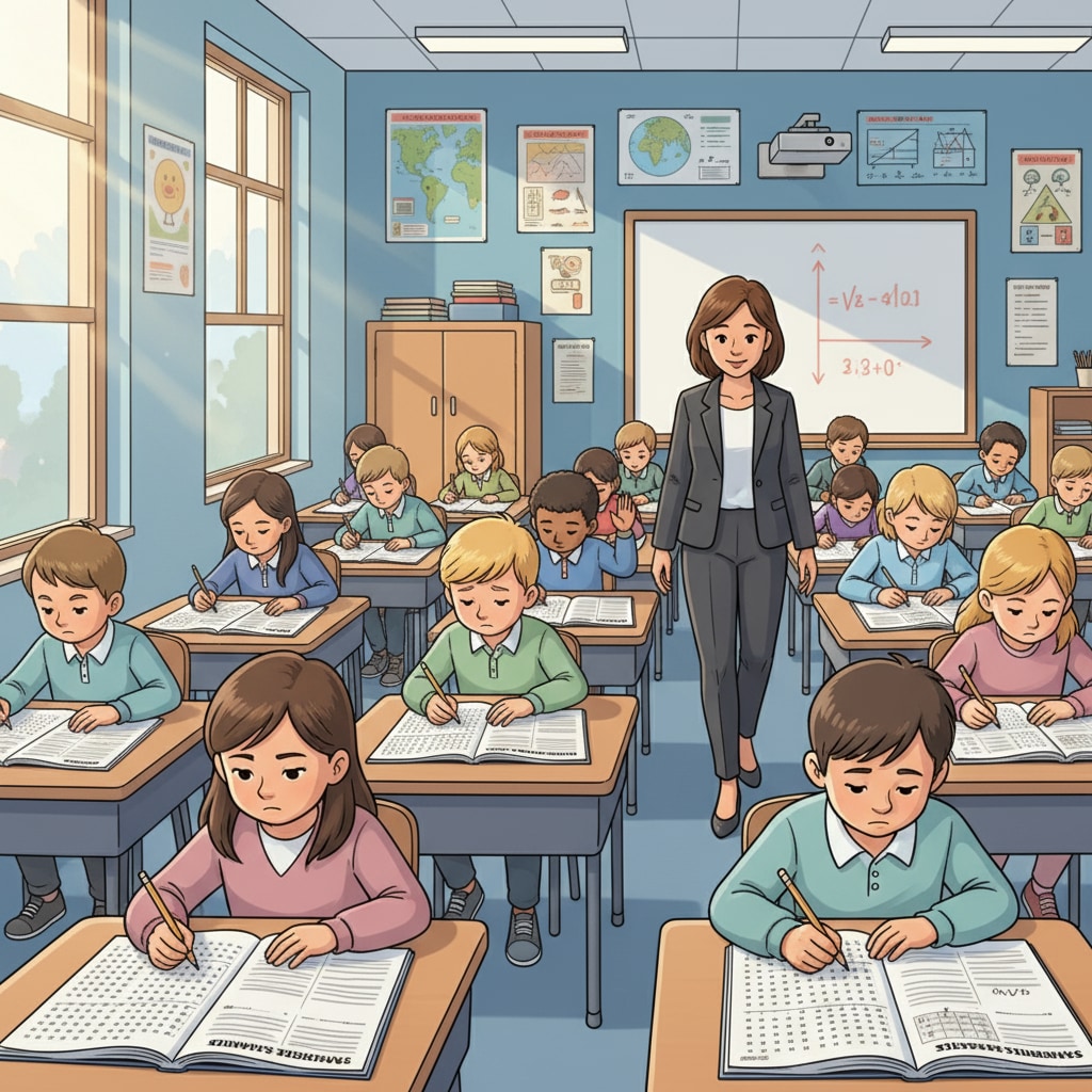 A group of students sitting at desks, focused on taking a standardized test. The teacher is walking around the classroom. Students taking a STAR Test to assess their academic skills related to percentile rank.