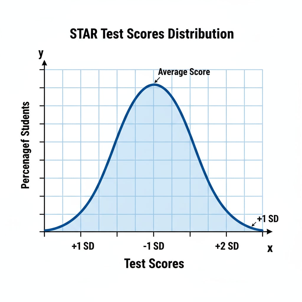 A line graph with the x-axis labeled as 'Test Scores' and the y-axis labeled as 'Percentage of Students'. The graph shows a normal distribution of STAR Test scores. Graph depicting the distribution of STAR Test scores for academic assessment and understanding percentile rank.