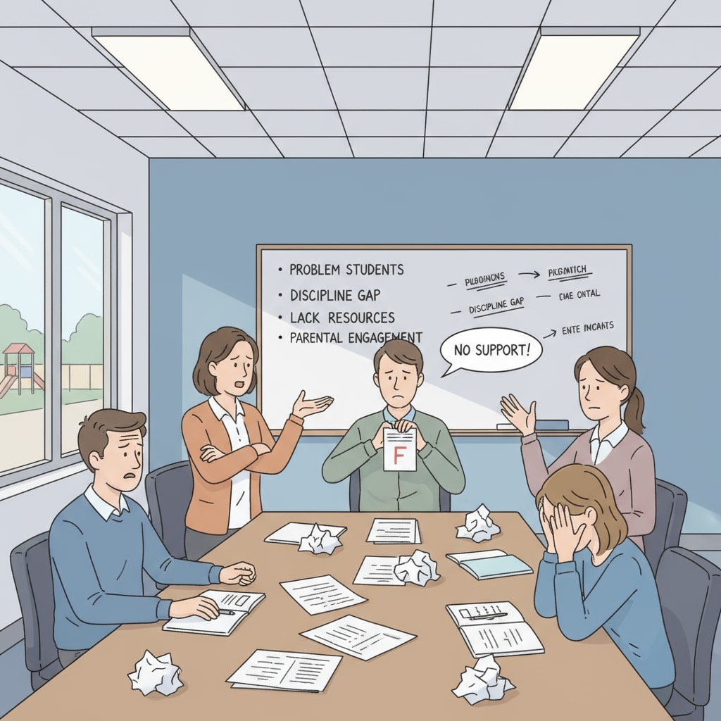 A group of teachers sitting in a meeting room, looking frustrated, discussing problem students and lack of support Teachers discussing problem students and lack of support in a meeting room