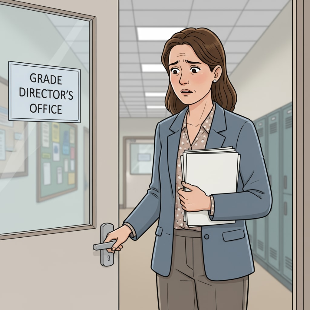 A teacher standing in front of a grade director's office, looking hesitant and worried A worried teacher in front of a grade director's office
