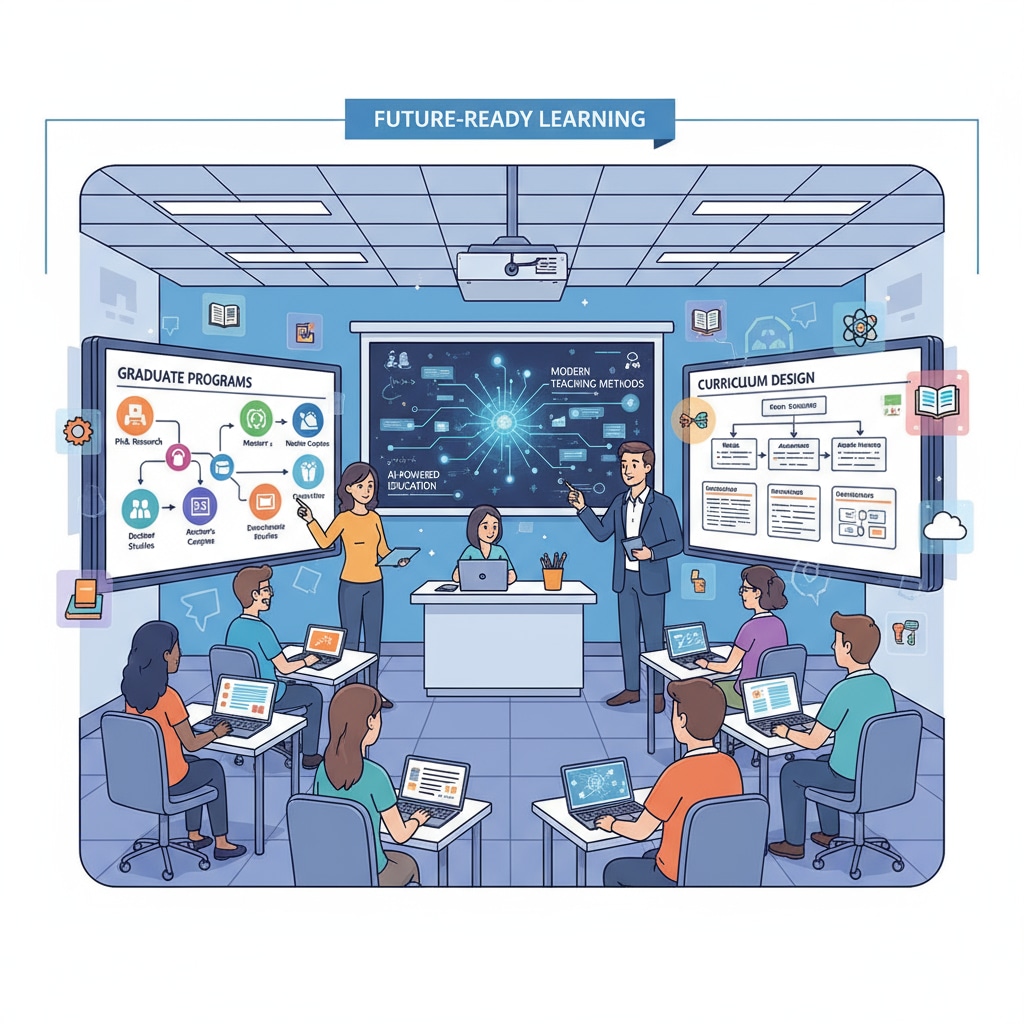 A classroom equipped with modern teaching tools such as projectors and interactive whiteboards, representing the modern educational environment relevant to teaching methods, graduate programs, and curriculum design. Classroom with modern teaching equipment related to teaching methods, graduate programs, and curriculum design