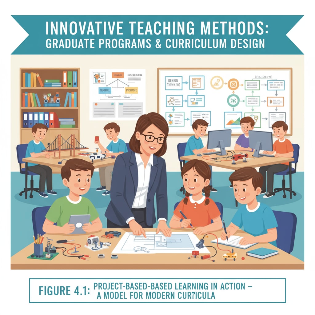A teacher is actively interacting with students during a project - based learning activity, demonstrating an example of an innovative teaching method within the context of teaching methods, graduate programs, and curriculum design. Teacher - student interaction during project - based learning related to teaching methods, graduate programs, and curriculum design