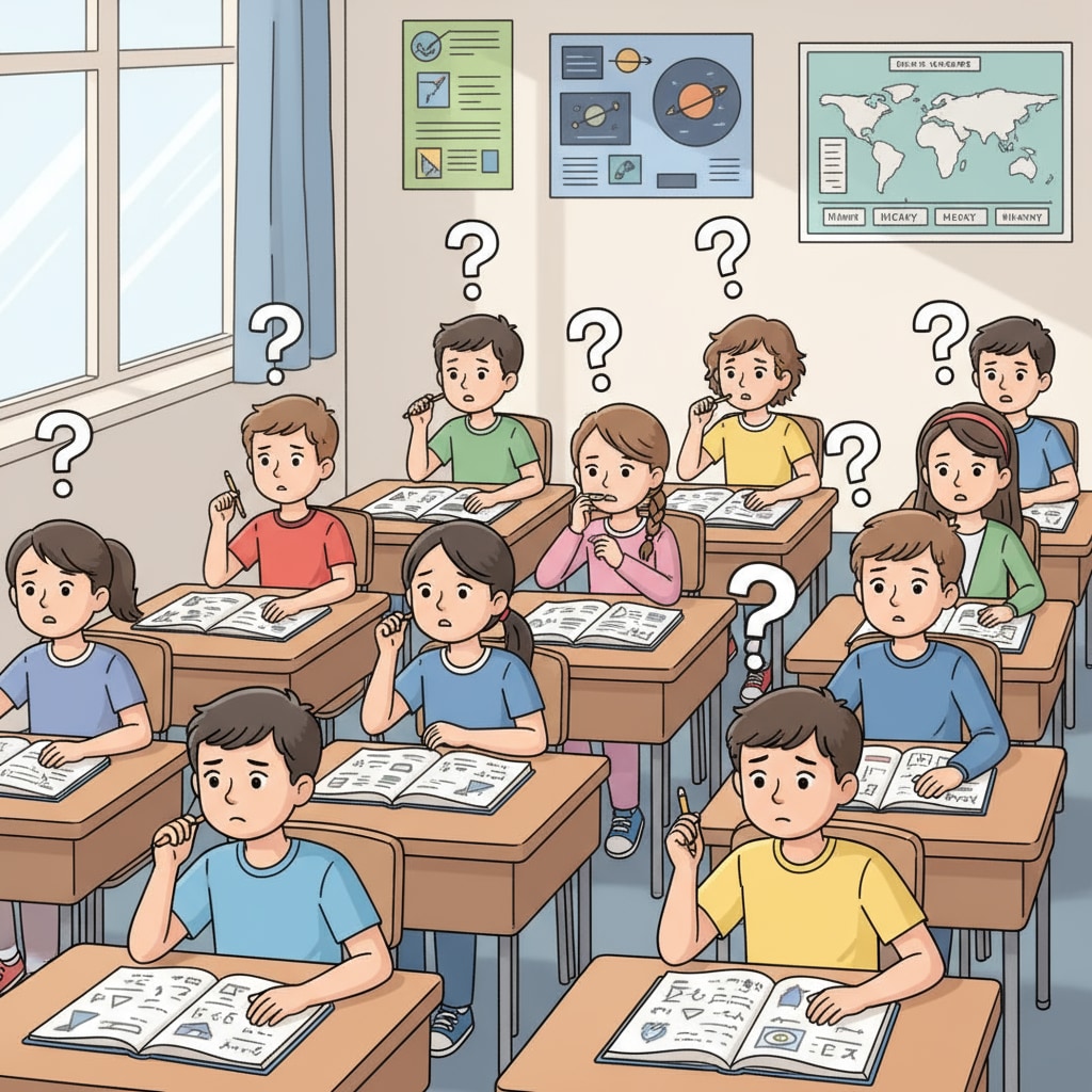 A group of K12 students sitting at their desks, looking worried and confused in a classroom environment. K12 students experiencing self-doubt and learning difficulties in a classroom