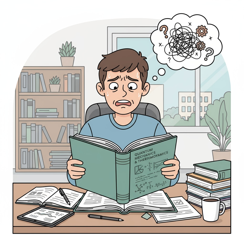 A single student sitting at a desk, with a stressed expression on their face, holding a textbook as if struggling with the content. A student facing learning difficulties and self-doubt