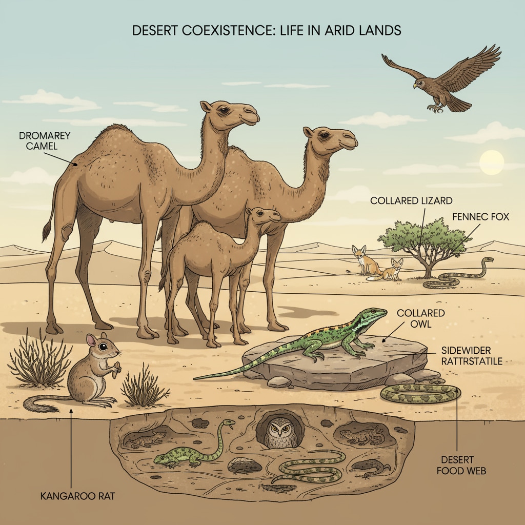 A group of various desert animals like camels, kangaroo rats, and lizards are depicted in a vast desert landscape, highlighting their coexistence in the arid environment. Desert animals showcasing their adaptive evolution and water conservation features in their natural habitat.