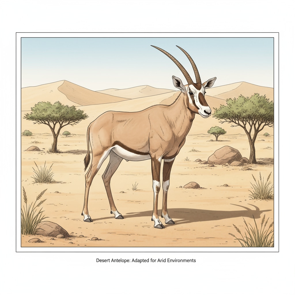 A single desert antelope is shown standing in the desert. Its light-colored coat helps it blend with the sandy background, and its stance indicates its adaptation to the arid surroundings. A desert antelope demonstrating its survival adaptations in the desert, related to adaptive evolution and water conservation.
