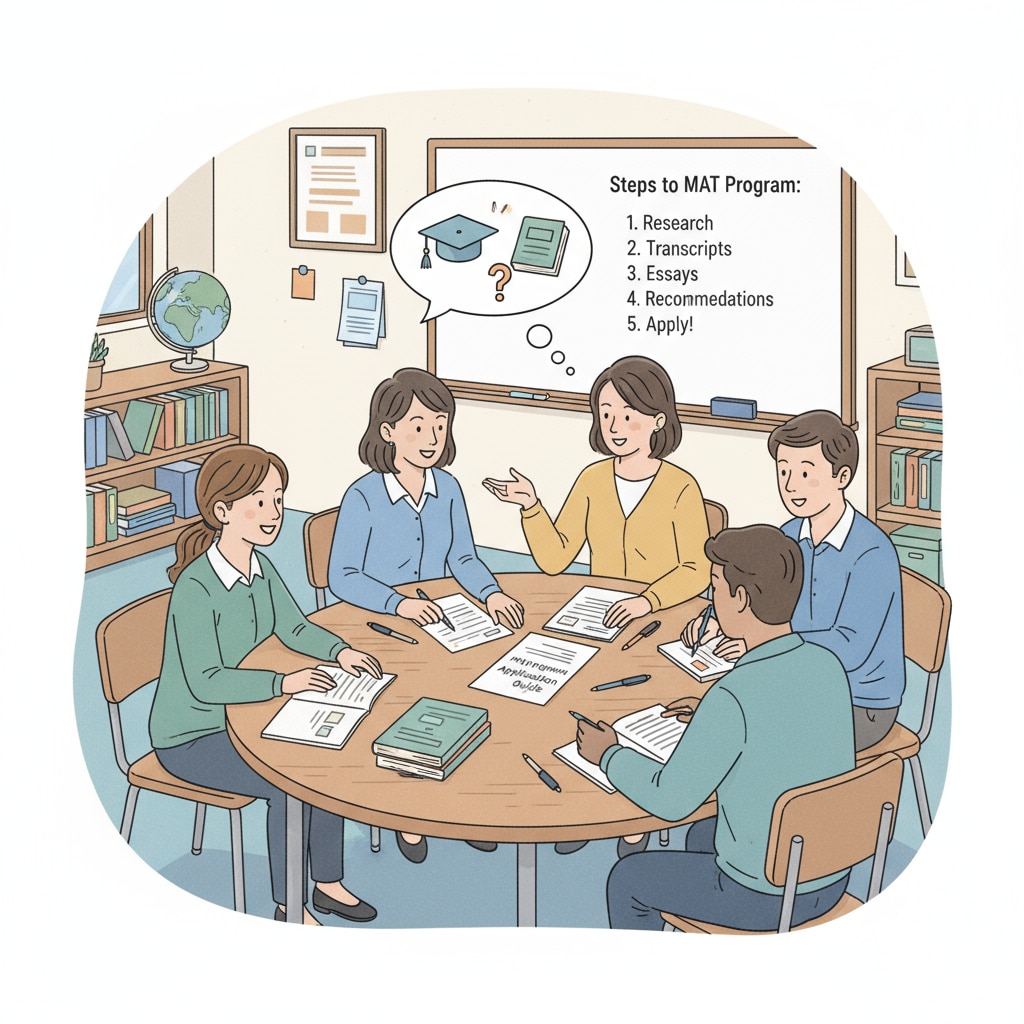 A group of K12 teaching assistants are gathered around a table, having a discussion about the MAT program application process, with papers and pens in front of them. K12 teaching assistants discussing MAT program application