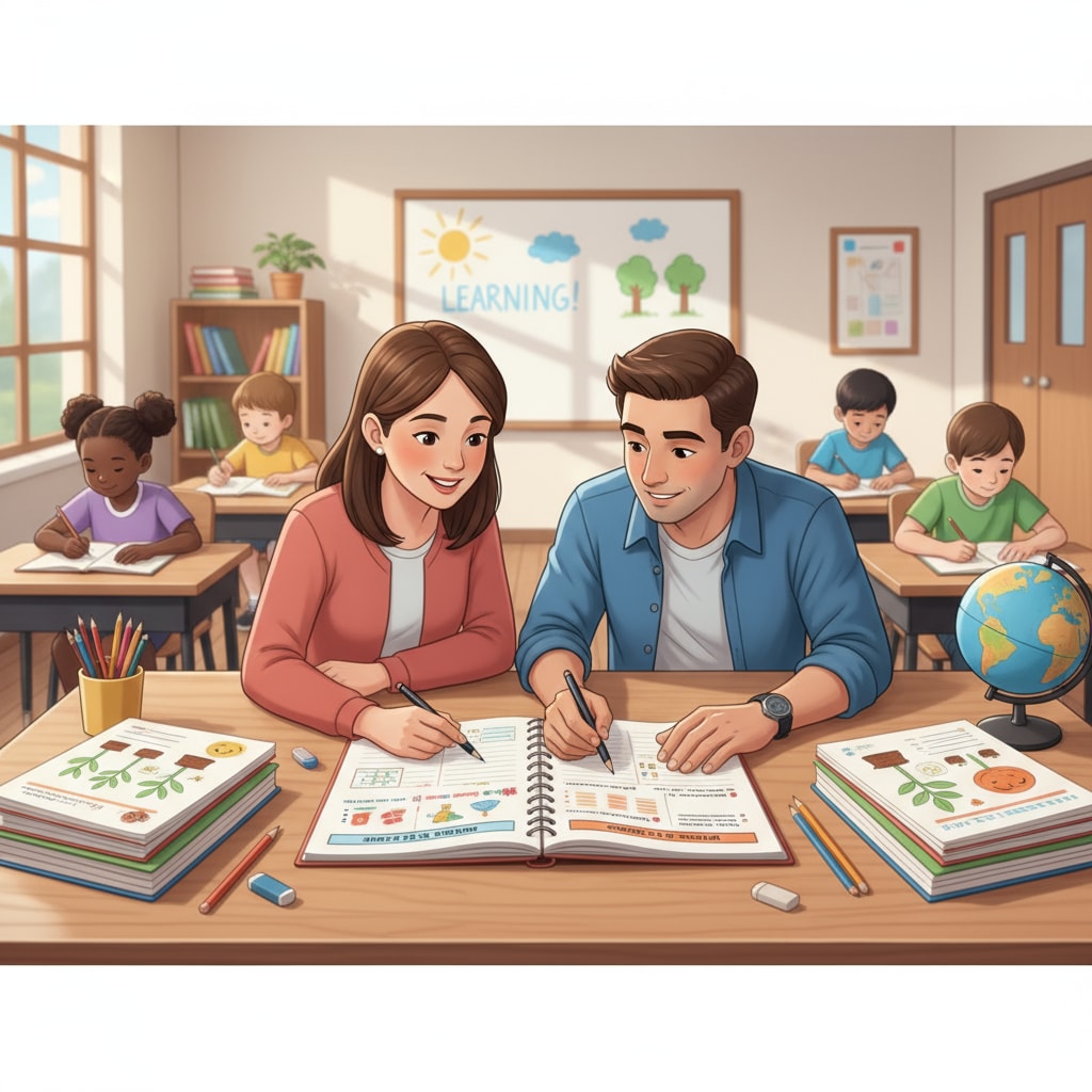 In a classroom, a lead teacher and a teaching assistant are working together. They are looking at a lesson plan on a table, with students' workbooks nearby. Lead teacher and teaching assistant collaborating in the classroom