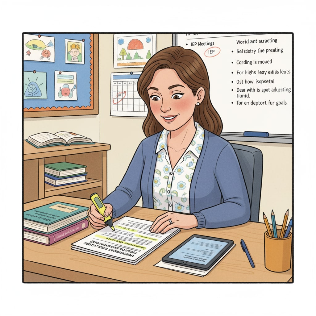 A special education teacher is carefully looking through an IEP document, highlighting important points. Special education teacher studying an IEP document to overcome comprehension difficulties