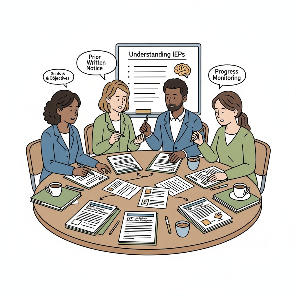 A group of special education teachers are gathered during a short break, with IEP documents spread out, discussing how to understand them better. Special education teachers discussing IEP documents to address comprehension difficulties