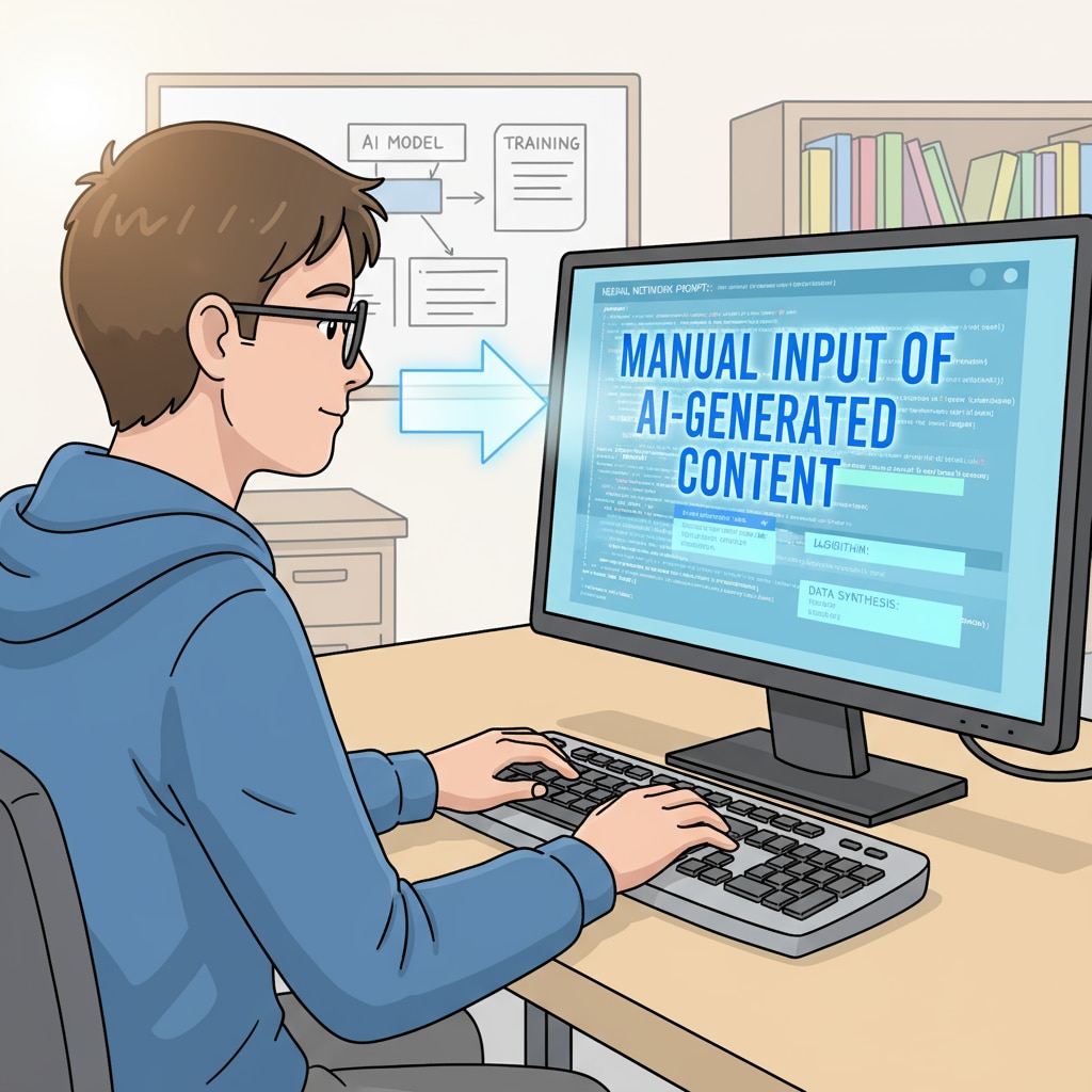 A student is sitting at a desk, typing on a keyboard. The computer screen shows an AI-generated text, highlighting the act of manual input of AI-related content. A student manually inputting AI-generated text
