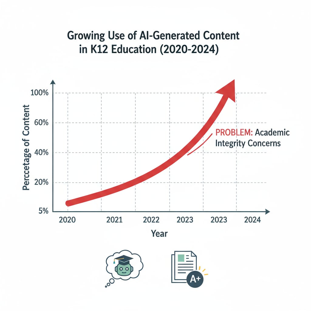 A graph depicts the upward trend in the use of AI-generated content in K12 education over the past few years, indicating the growing problem. Graph showing the increase in AI-generated content use in K12 education