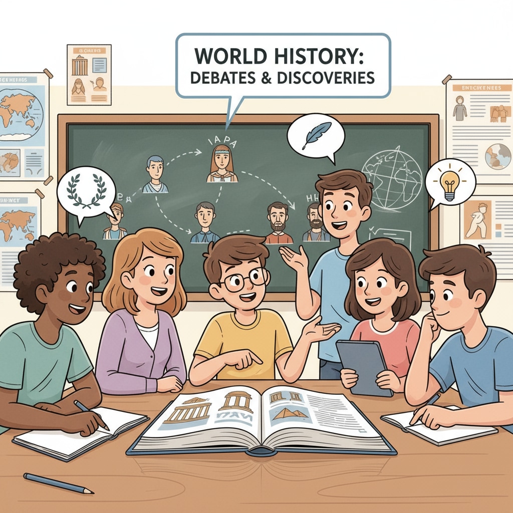 A group of high school students are engaged in a lively discussion about historical events in a classroom setting. High school students discussing history in the context of teacher career, history teaching, and university application