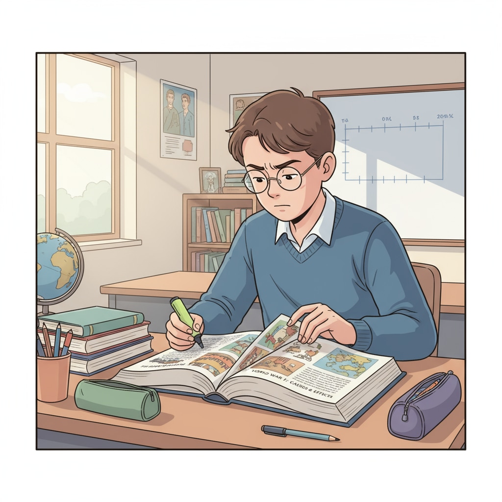 A high school student is sitting at a desk, intently reading a history textbook, showing dedication to academic preparation. High school student reading a history textbook for teacher career, history teaching, and university application