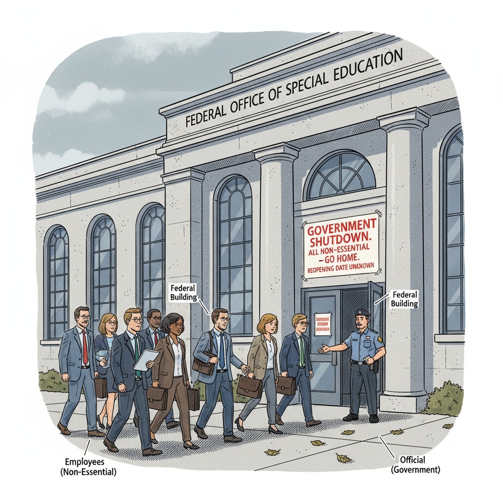 A group of employees leaving the Federal Office of Special Education during the government shutdown. Employees leaving the Federal Office of Special Education due to government shutdown affecting disabled students' education.