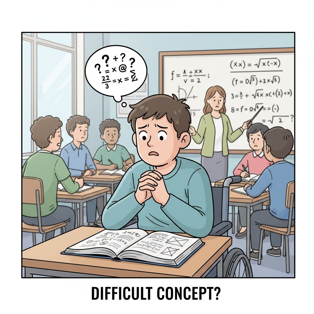 A disabled student looking worried in a classroom. Disabled student worried in classroom due to staff shortage in special education office.