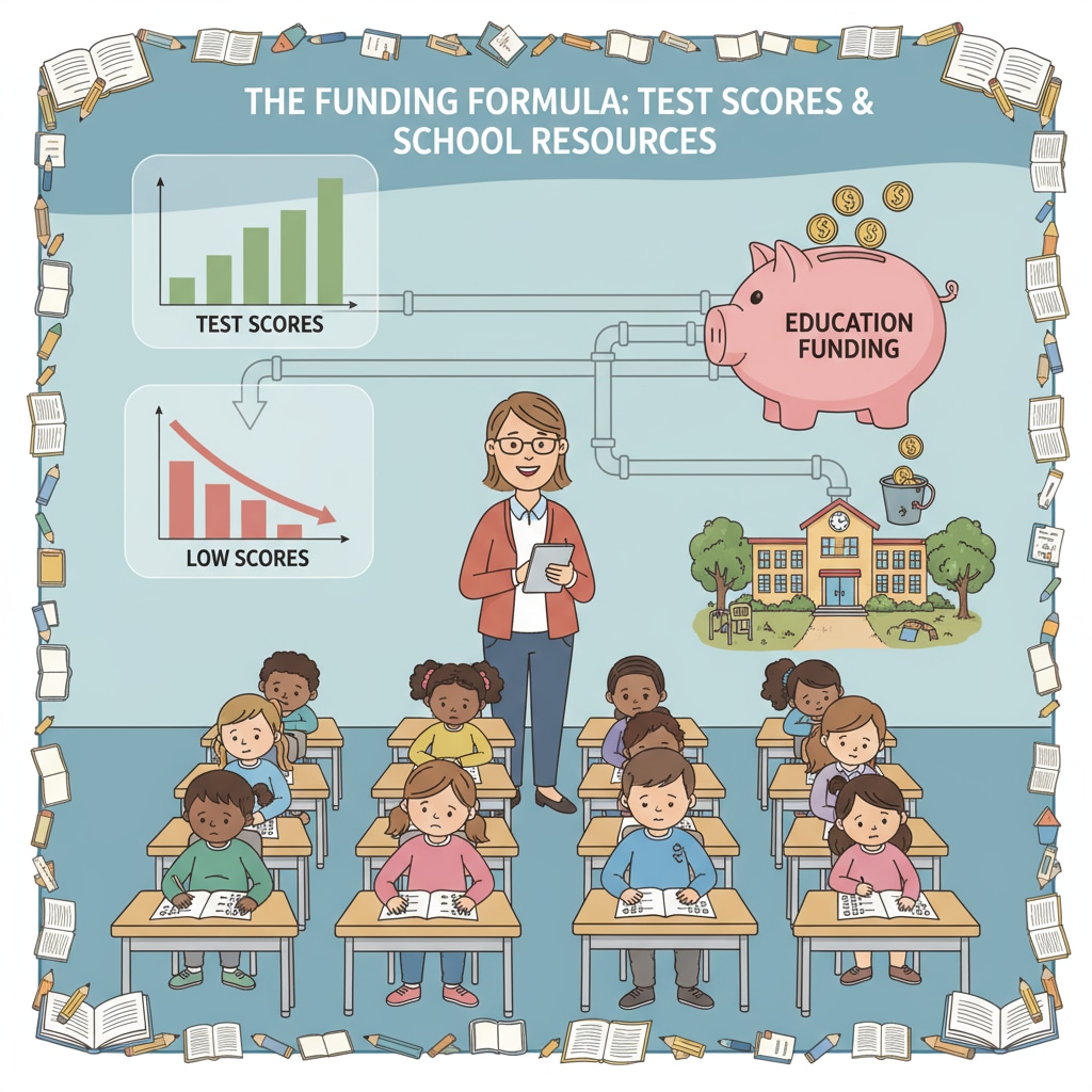 A classroom scene showing students taking a test, representing the influence of test scores on education funding in public schools. Students taking a test in a public school related to education funding