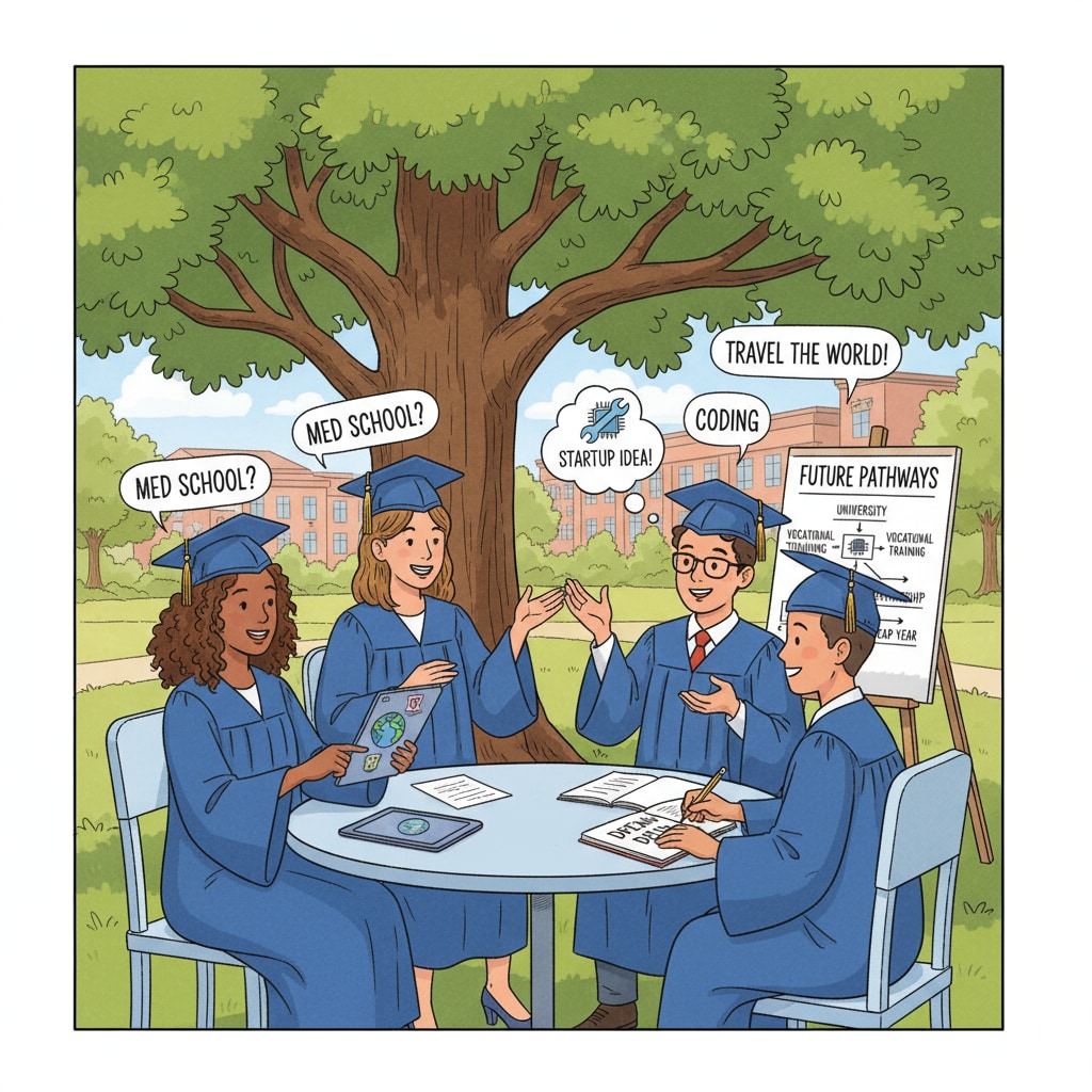 A group of high school graduates are having a lively discussion about their future educational and career plans. High school graduates discussing academic planning, college selection, and career development