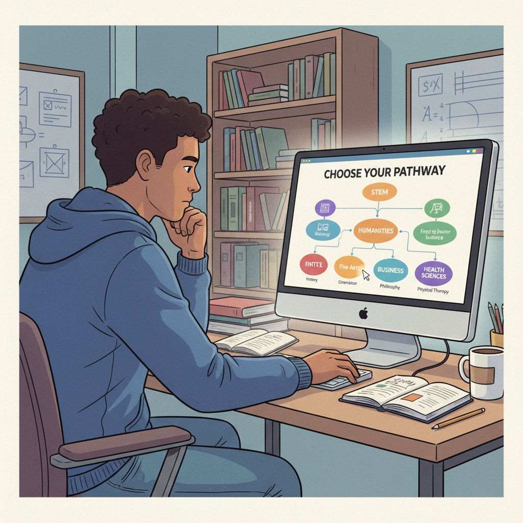 A student is intently looking at various college majors displayed on a computer screen, indicating the process of choosing a field of study. Student exploring college majors for academic and career planning