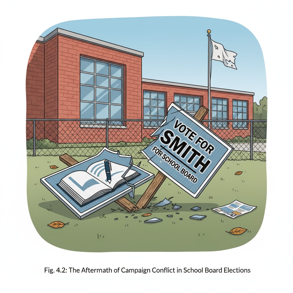 A damaged campaign sign is lying on the ground, with parts of it broken off, symbolizing the negative aspect of campaign conflicts in school board elections. A damaged campaign sign representing school board, political civility, campaign conflicts