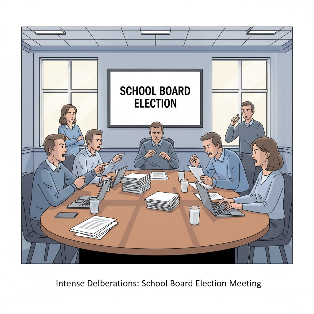 A group of people are sitting around a table in a school board meeting room. Some are engaged in intense discussions, with expressions of disagreement on their faces, showing the intensity during school board elections. People in a school board meeting highlighting school board, political civility, campaign conflicts