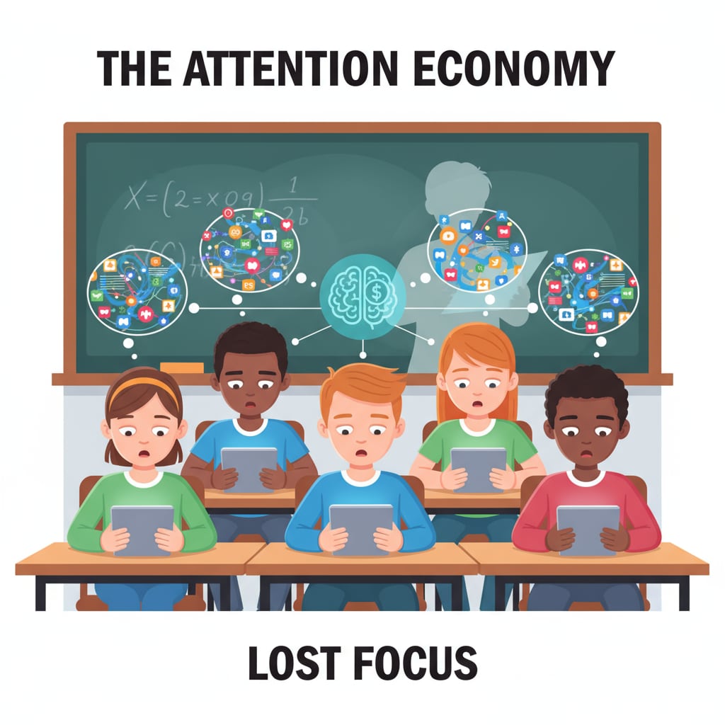 A group of K12 students looking at digital devices with distracted expressions, indicating the influence of the attention economy on their focus. K12 students distracted by digital devices in the attention economy