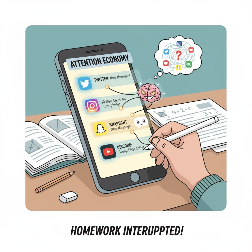 A close-up of a student's phone with multiple notifications while doing homework, highlighting the distraction in the attention economy. Student's phone with notifications during homework in the attention economy