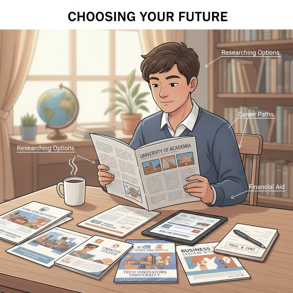 A student is sitting at a table, surrounded by brochures from various schools, carefully exploring and considering different educational opportunities. Student exploring different school brochures in the context of school choice and political controversy