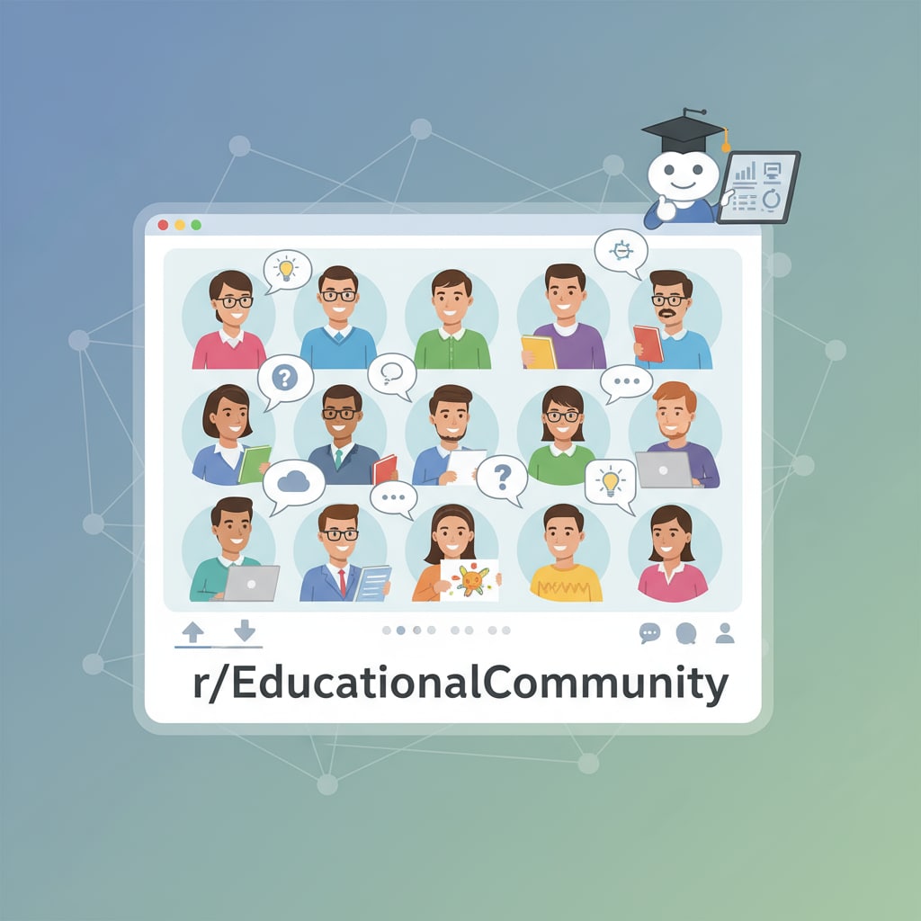 An illustration showing a group of educators and parents having a conversation on a virtual platform, representing the educational community on Reddit. Community rules, educational networks, and subreddits in the context of Reddit's education community.
