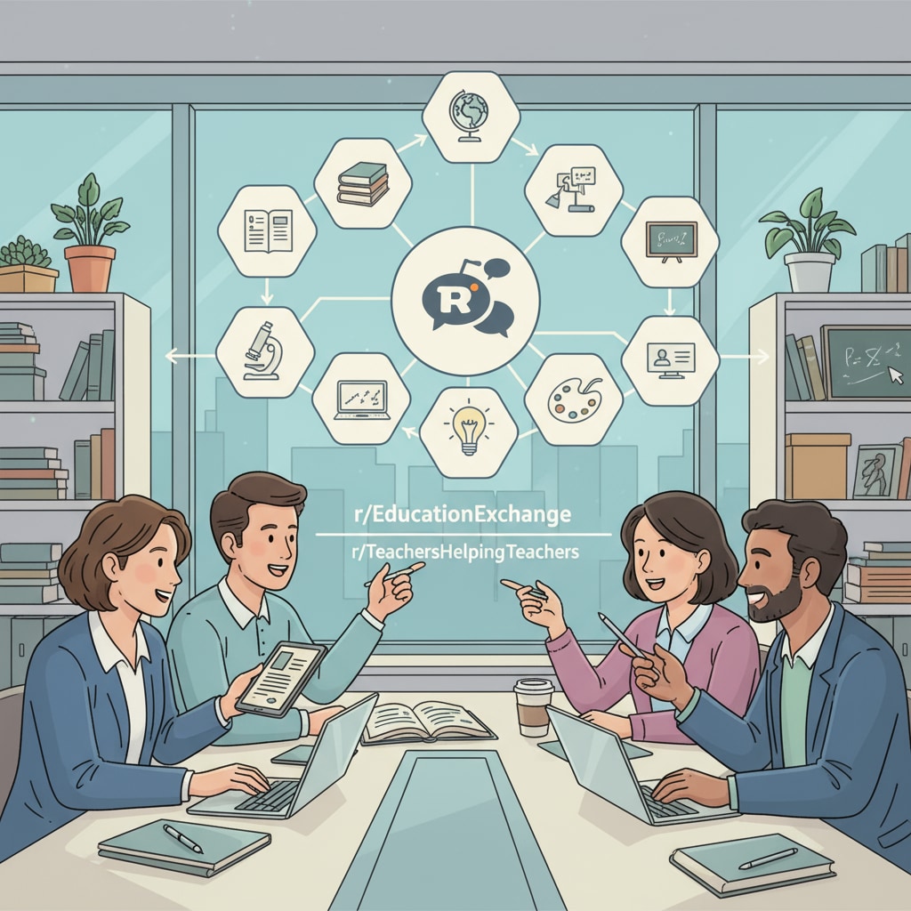 A visual depiction of teachers sharing ideas and materials on a digital platform, symbolizing educational subreddits. Educational subreddits for teachers on Reddit.
