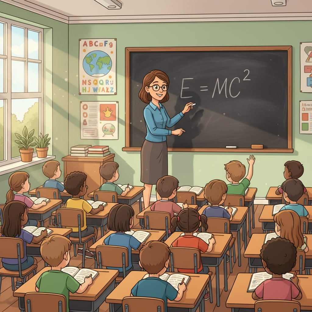 A teacher is writing on a blackboard while students are sitting attentively in their seats, focusing on the lesson. A classroom scene with traditional teaching tools in use