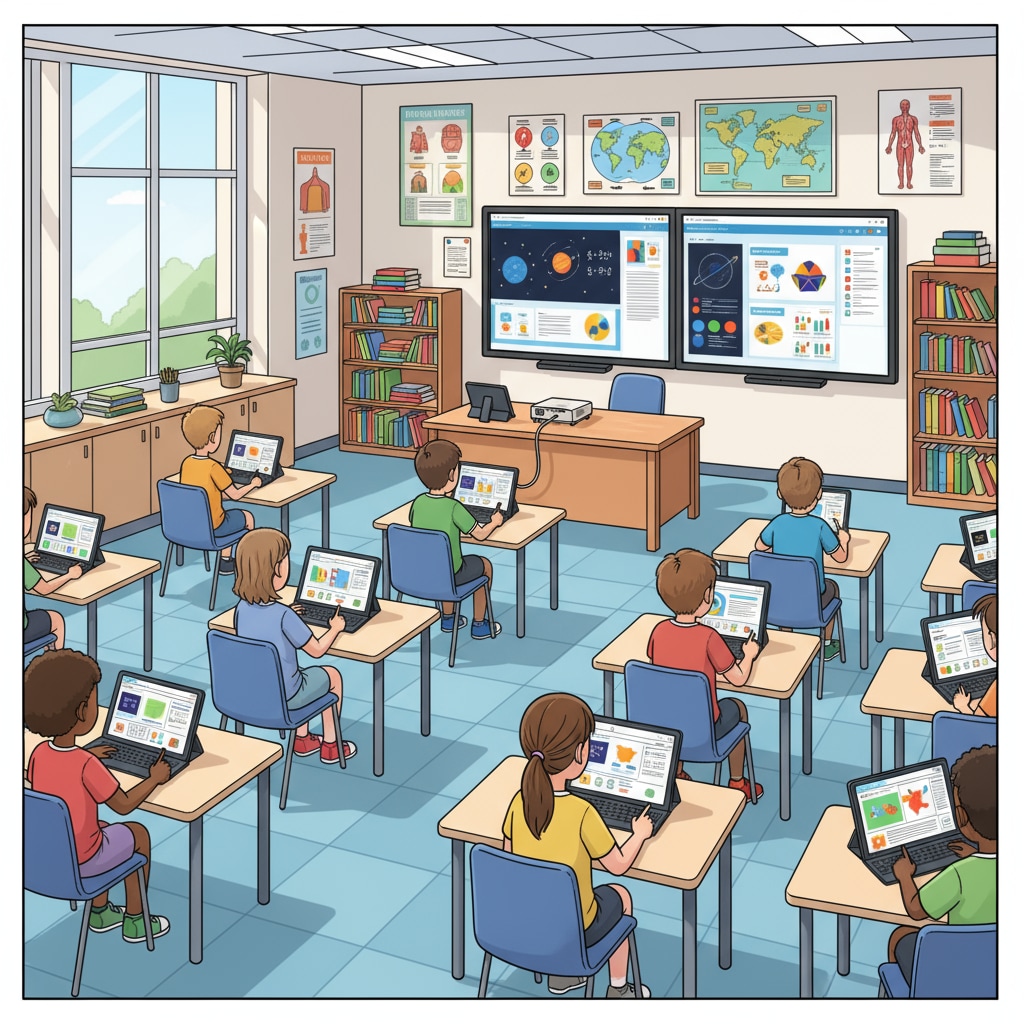 A modern classroom is equipped with interactive whiteboards, and students are using tablets for learning. A classroom with modern educational technology in use