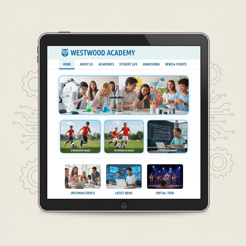 An illustration shows a school website featuring AI-generated images of students engaged in various activities. The images are designed to make the school look vibrant and dynamic. AI-generated images on a school website and their impact on education ethics