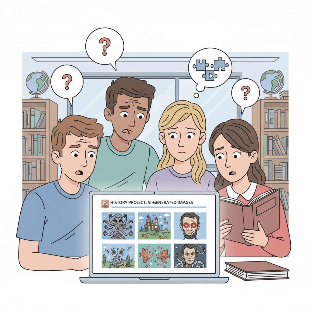 A visual depicts students looking puzzled as they view AI-generated images on a school website. It represents the confusion and potential negative impact on students' perception of reality. AI-generated images causing confusion among students in the context of education ethics