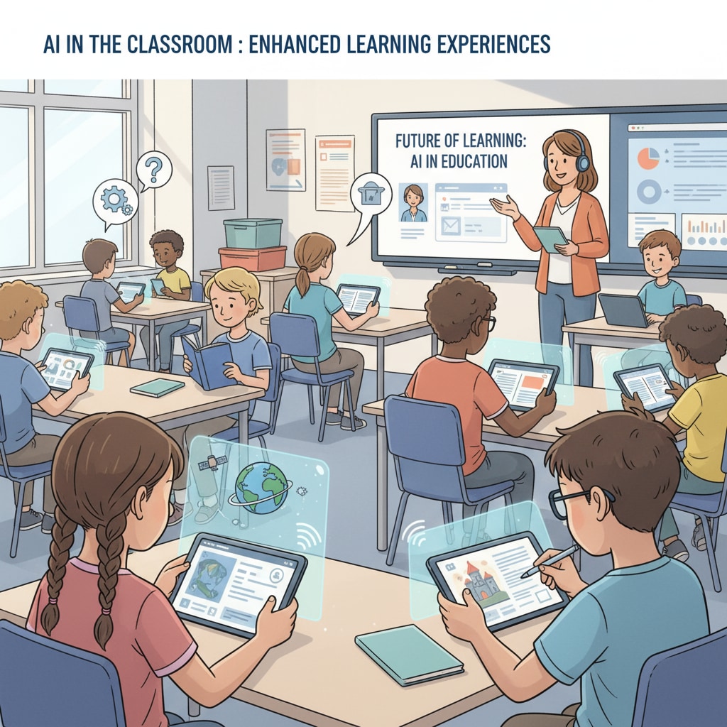 Students are using AI - enabled devices such as tablets in a classroom. The devices are being used for various learning activities like reading e - books, solving math problems, and accessing educational apps. Students using AI - enabled devices in a classroom for educational purposes