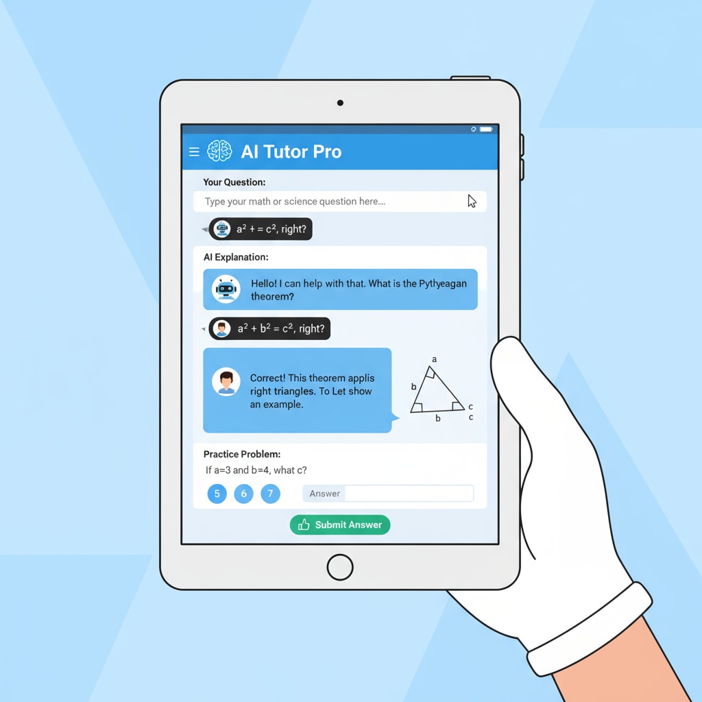 An application on a tablet is shown with an AI - based tutoring interface. There are text boxes for students to input questions and areas where answers and explanations are provided. An AI - based tutoring application on a tablet for educational learning