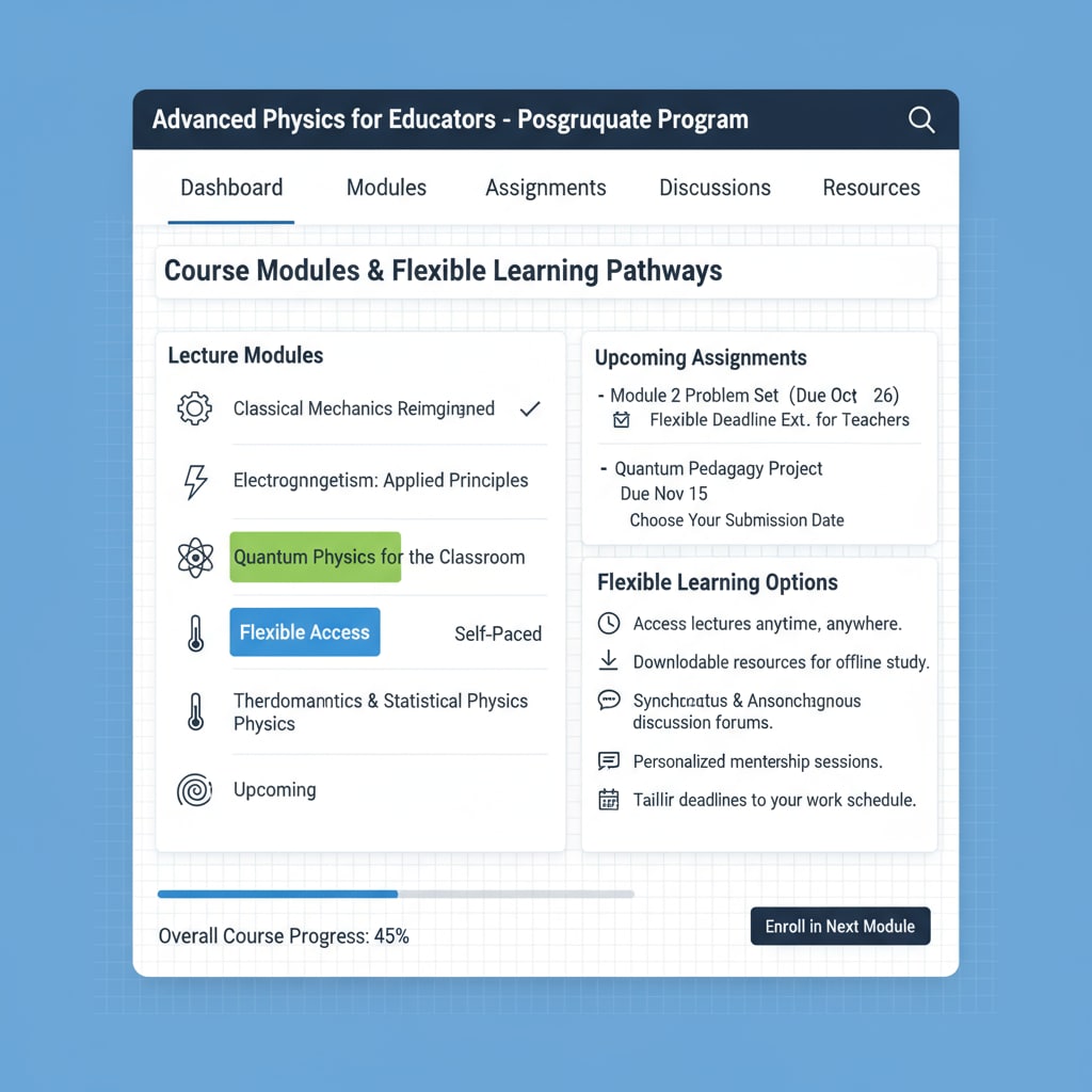 The interface of an online physics course shows a list of lectures and assignments, highlighting the flexible learning options available for on-the-job physics teachers pursuing postgraduate education. Online physics course interface for on-the-job physics teachers in postgraduate education