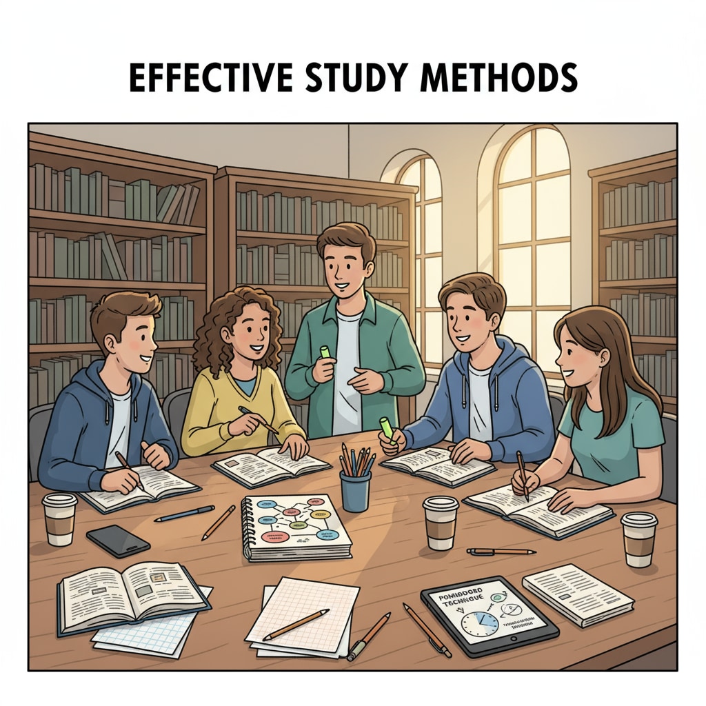 A group of high school students are sitting around a table in a library, with books and notebooks open, engaged in a lively discussion about various study methods. High school students discussing study methods in a library for better academic skills