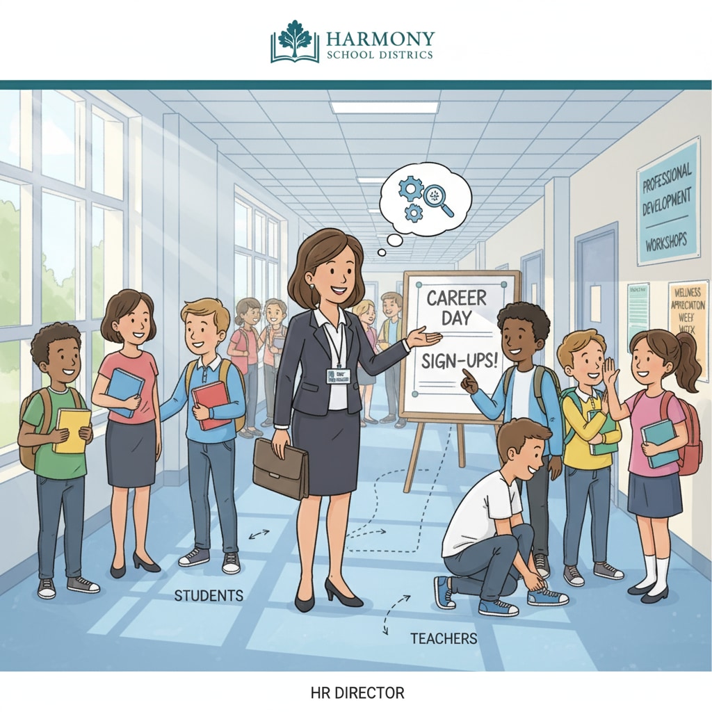 A group of students and teachers interacting in a school corridor, representing the dynamic environment of a school district where an HR director plays a key role Interaction in a school corridor relevant to the role of an HR director in a school district during career transition