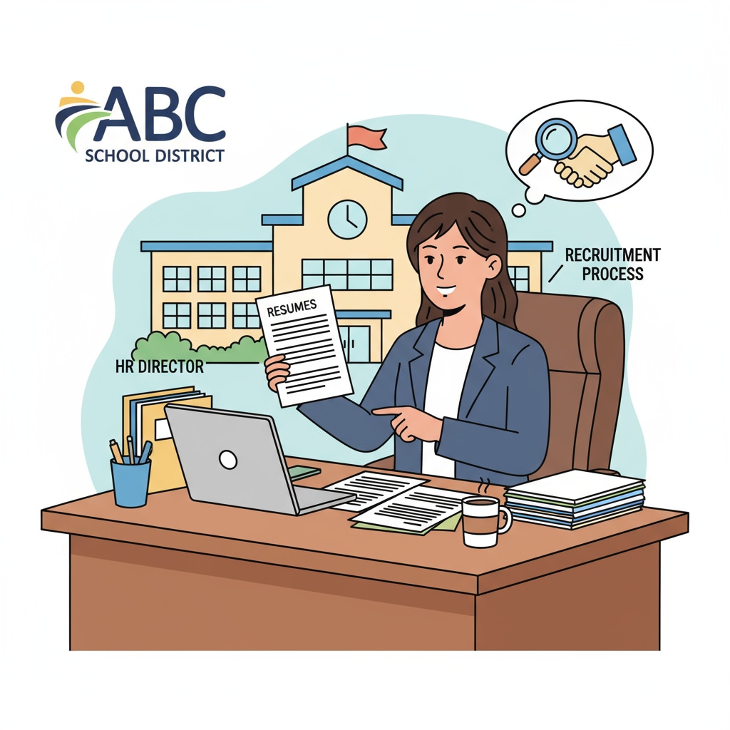 A person sitting at a desk, reviewing resumes, symbolizing the recruitment aspect of an HR director's role in a school district Person reviewing resumes as part of an HR director's role in a school district during career transition
