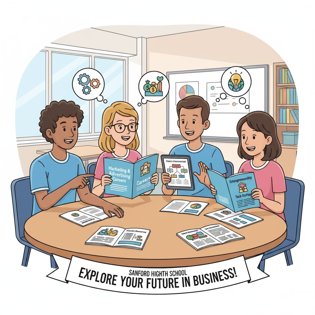 A group of high school students are sitting around a table, looking at brochures and discussing different business career options with enthusiasm. High school students discussing business career options related to business, higher education, and career planning