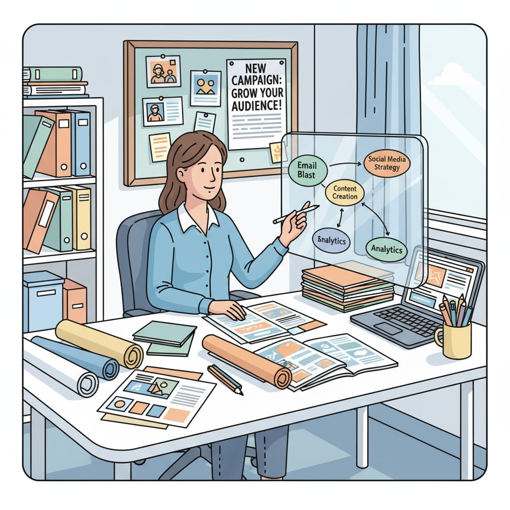 A person is sitting at a desk, surrounded by marketing materials like posters and brochures, working on creating a marketing campaign. A person working on marketing campaign materials in the context of business, higher education, and career planning