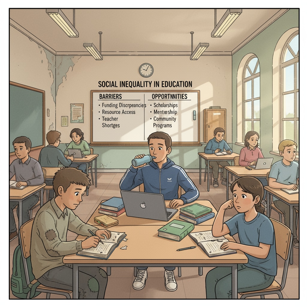 An illustration depicting students from various social backgrounds sitting together in a classroom, highlighting the issue of social inequality in education. Illustration of social inequality in education with diverse students