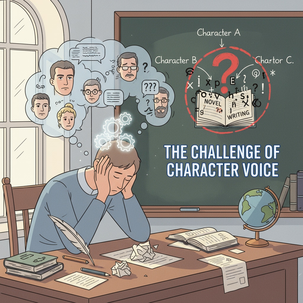 A person sitting at a desk, struggling to write a story, shows the challenge in creating character writing styles in novel writing. A person facing difficulties in writing to depict the task of creating character writing styles related to educational background in novel writing.