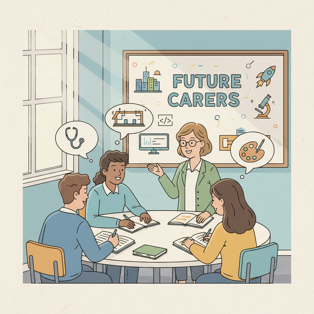 Students are engaged in a discussion about their future career aspirations in a classroom setting, with notebooks and pens in hand, showing their enthusiasm for exploring different career paths. K12 students discussing dream jobs and career planning in a classroom